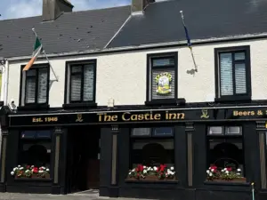 Front view of The Castle Inn pub, established 1946, with flower boxes under windows, Irish flag, and a sign for Guinness and whiskey above the entrance. The building has a black and white exterior.