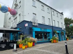 A corner restaurant called "HOOKED" with a blue exterior, colorful potted plants outside, and festive hanging decorations on the street. The sky is overcast.
