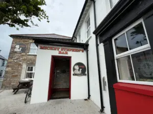 Entrance to Mickey Stephen’s Bar, a stone and white building with a red door frame. A bicycle is parked outside, and a round sign with a caricature above the door hints at this classic pub, where a Guinness pint glass often greets visitors. Trees and a bench are nearby.