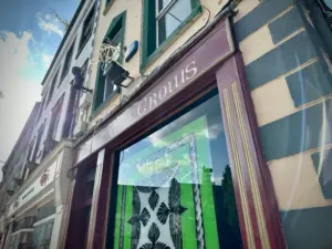 Storefront of a building with a sign reading "The Crows." The window displays crow-themed art. The building has colorful walls, green trim, and reflections of trees and sky in the glass.