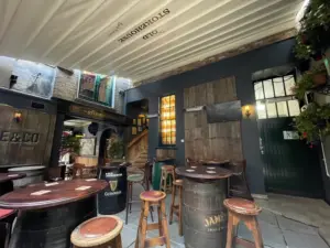 Outdoor seating area of an Irish pub with wooden barrels used as tables, stools around them, potted plants, and rustic decor. A staircase and green door are visible in the background under a canopy.