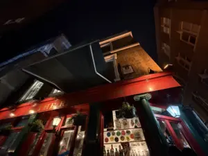 Nighttime view looking up at a red-bricked pub with a green awning and hanging plants, warmly lit. The sign reads "THE RIS," with various colorful signs, including a Guinness pint glass, visible in the window.