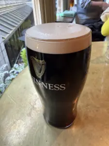 A Guinness pint glass with a creamy head sits on a wooden table by a window at the pub, with plants and part of a person visible in the background.