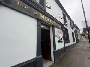 Molly’s Bar exterior in Dunfanaghy with Guinness sign, pub entrance, and street view